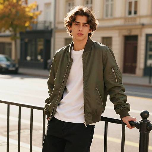 Young man in green bomber jacket leaning on railing