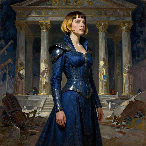 Digital painting of a serious, fair-skinned woman with short blonde hair, wearing dark blue, armored medieval dress, standing in a dimly lit,