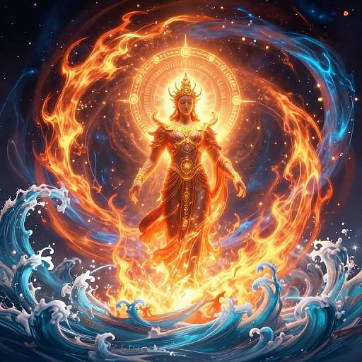 Digital artwork of a fiery deity with an ornate halo, standing amidst swirling flames and crashing ocean waves against a starry night sky.