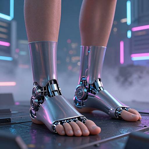 Cybernetic feet in a futuristic cityscape, legs wearing shiny metallic ankle cuffs with visible joints and gears. Neon lights in the background. Phot