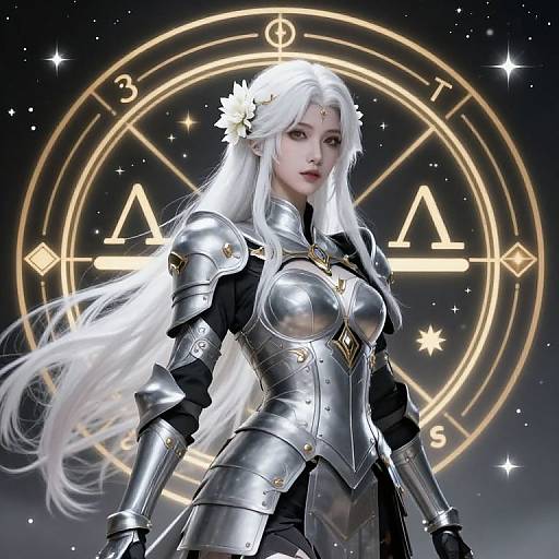 Digital artwork of a white-haired woman in silver armor with a white flower in her hair, standing before a glowing, circular astrological symbol backdrop.