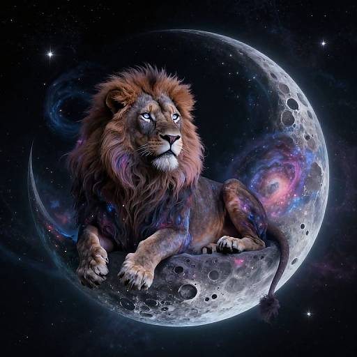 Surreal Cosmic Lion on Crescent Moon