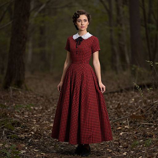 Photograph of a woman in a vintage red and black checkered dress with a white lace collar, standing in a dark, forested path.