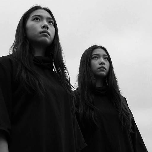 Black and White Portrait of Two Women with Long Hair