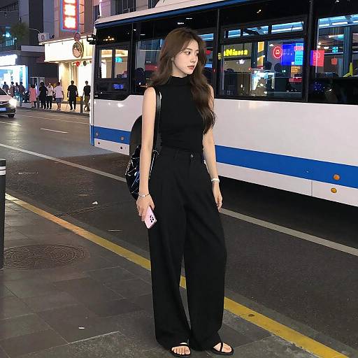 Young Woman on Neon City Street