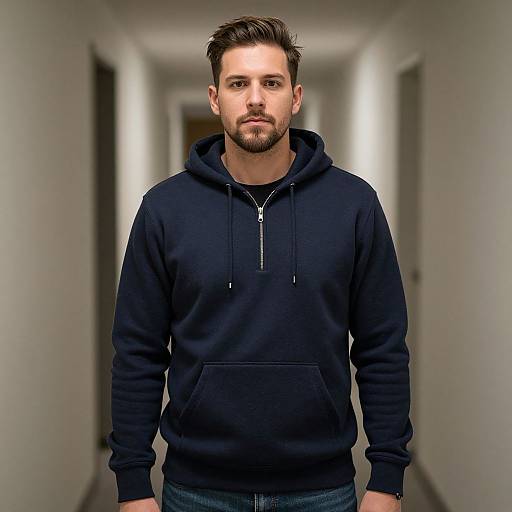 Photograph of a young Caucasian man with short brown hair and a beard, wearing a black hoodie and blue jeans, standing in a dimly lit,