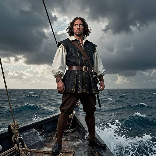 Photograph of a rugged, bearded man with long brown hair, dressed as a pirate, standing on a wooden ship in turbulent ocean waves, under