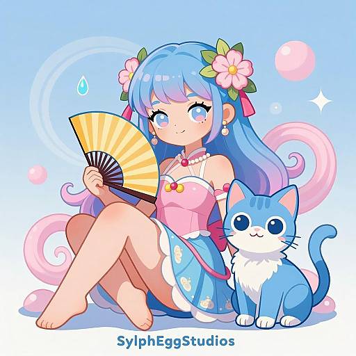 Stylized Girl with Blue Cat Digital Illustration