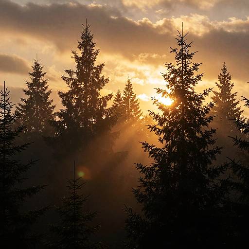 Sunrise over Misty Evergreen Forest