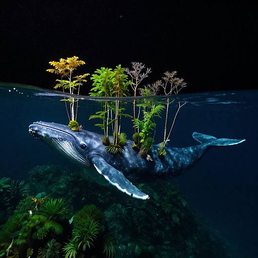 Photograph of a blue whale floating underwater, carrying a small island with vibrant yellow, green, and brown trees, surrounded by dark blue ocean with visible