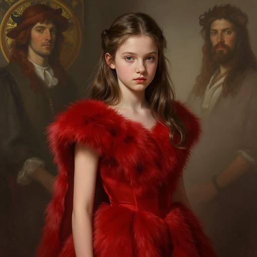 Realistic Portrait of Teen Girl in Red Fur Dress