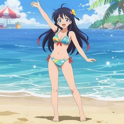 Anime-style digital drawing of a cute, long-haired girl in a colorful, patterned bikini, joyfully waving on a sunny beach with sparkling blue ocean