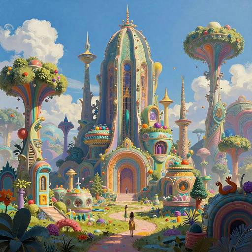 Vibrant digital artwork of a whimsical, colorful fantasy city with towering, ornate buildings, lush gardens, and a central dome under a bright