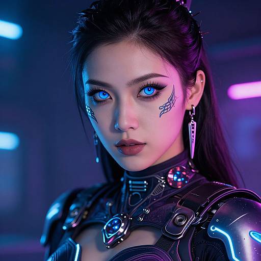 Digital CGI portrait of an East Asian woman with glowing blue eyes, black hair, cybernetic enhancements, and neon-lit armor in a futuristic,