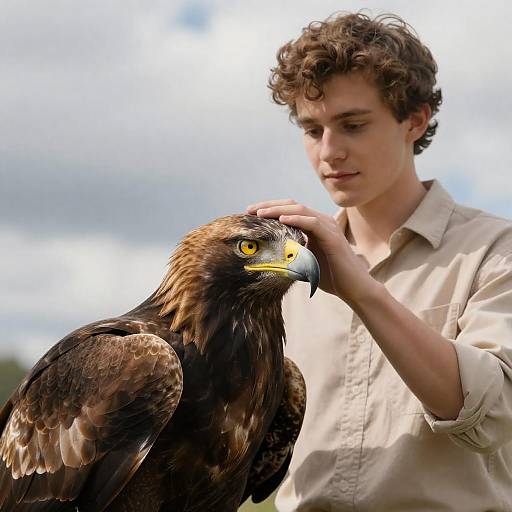 Young Man Gently Touching Golden Eagle