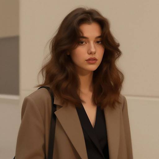 Photograph of a young woman with wavy brown hair, wearing a brown blazer over a black top, looking slightly to the side against a minimalist