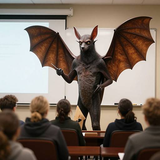 Photograph of a person in a detailed, dark-furred bat costume with large wings, standing and gesturing while speaking to an audience in a classroom