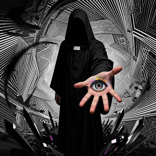 Photograph of a hooded figure in black, extending a hand with a single eye on it, against a black-and-white, abstract, radial pattern