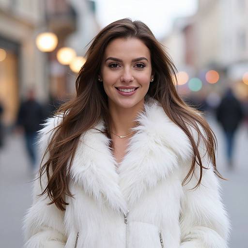 Photograph of a smiling woman with long brown hair, wearing a white fur coat, standing in a blurred urban street at night.