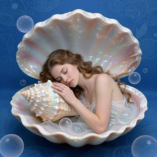Digital artwork: Fair-skinned woman with long brown hair sleeps peacefully in a large, iridescent shell, holding a large conch, surrounded by