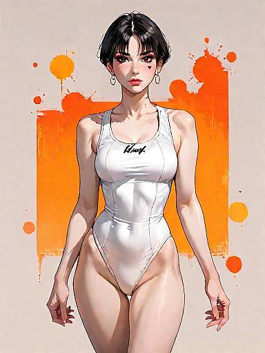 Woman in White One-Piece Swimsuit with Orange Background