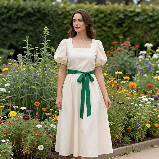 Photograph of a brunette woman in a white dress with green ribbon, standing in a vibrant, colorful garden, surrounded by blooming flowers.