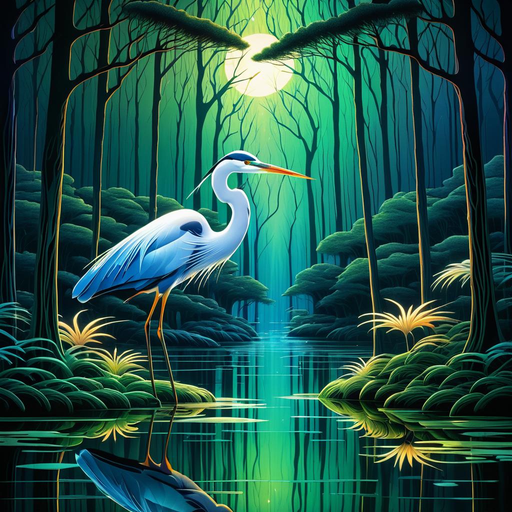 Symmetrical Forest Scene with Heron