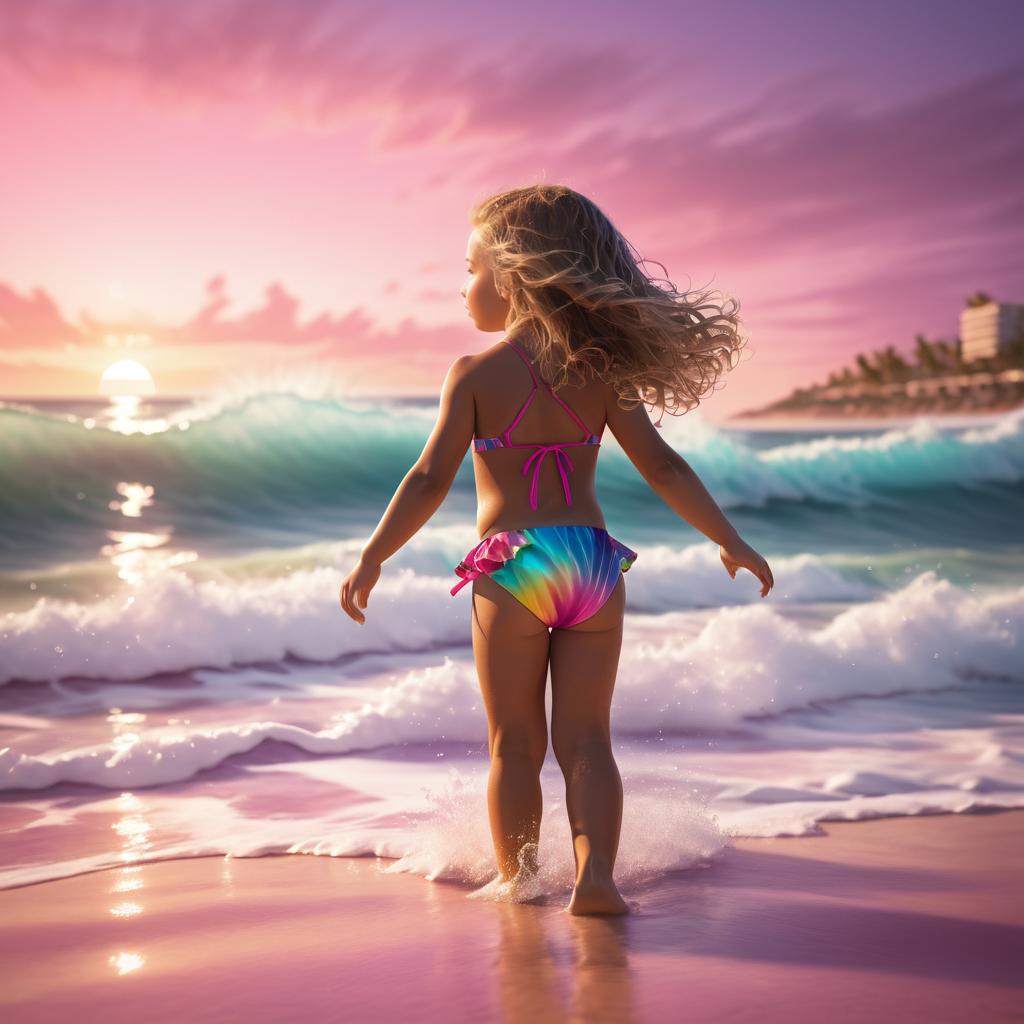 Child in Colorful Swimsuit by Waves