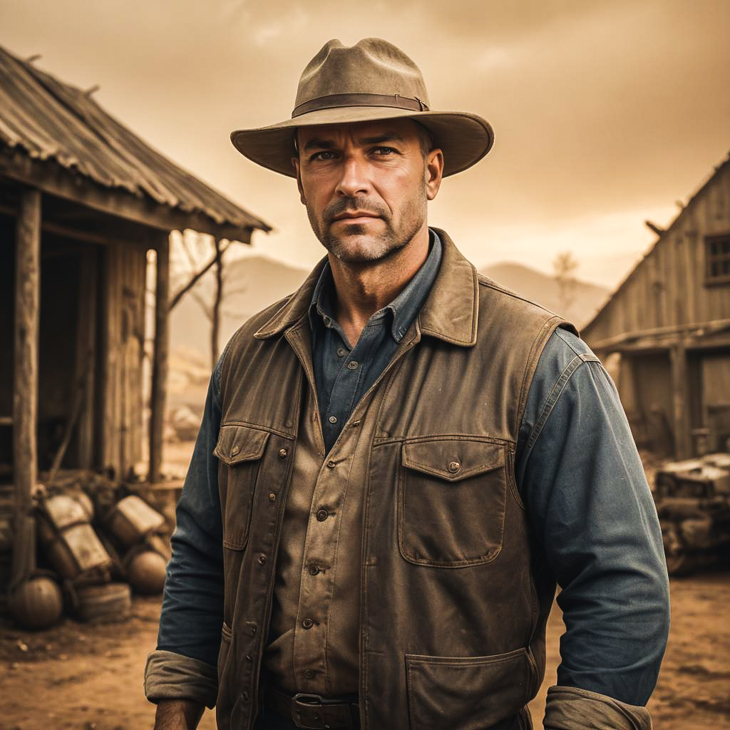 Apocalyptic Farmer in Rustic Studio Setting