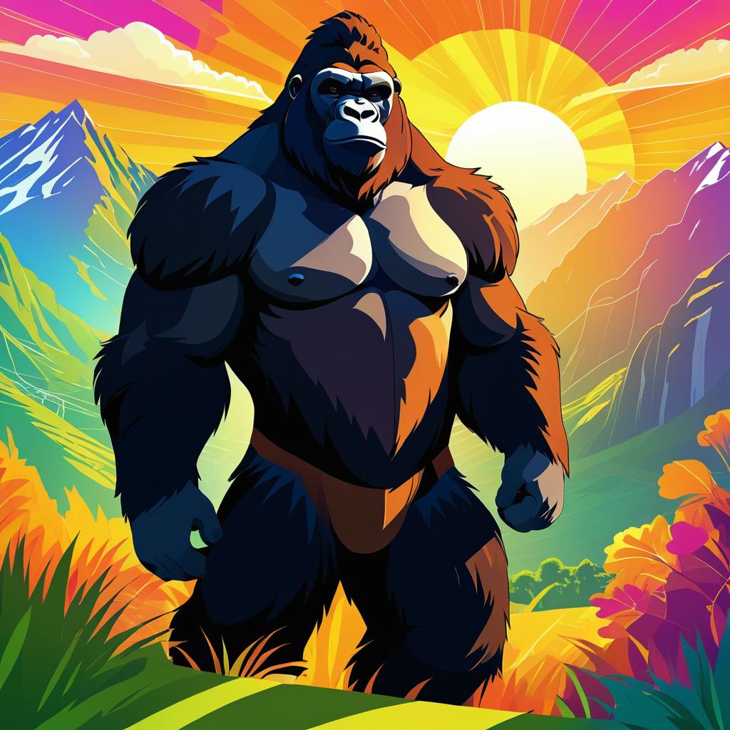 Majestic Cartoon Gorilla in Sunlit Mountains