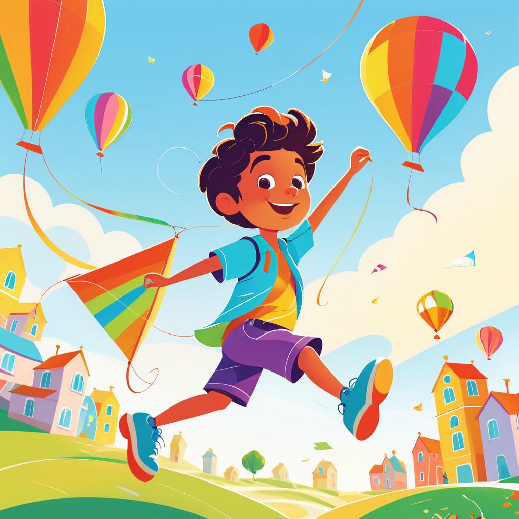 Whimsical Boy Flying a Colorful Kite