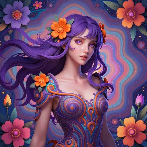 Digital art of a purple-haired woman with orange flowers, wearing a colorful, swirling dress, set against a vibrant, psychedelic background of swirling blues, pur