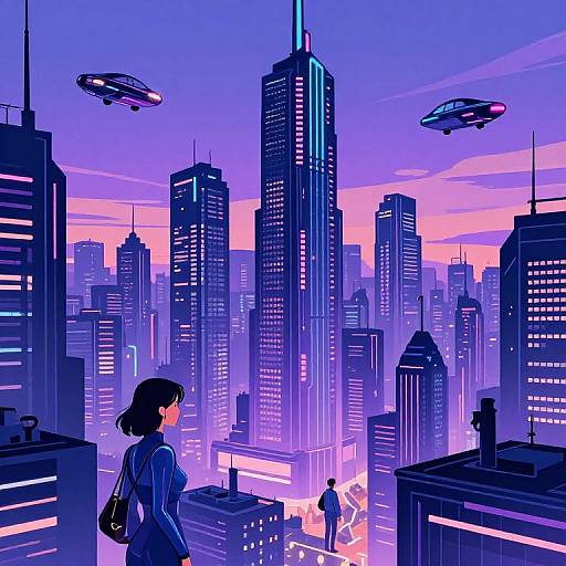 Digital anime-style illustration of a neon-lit futuristic cityscape at sunset, featuring two flying saucers, tall skyscrapers, and a young