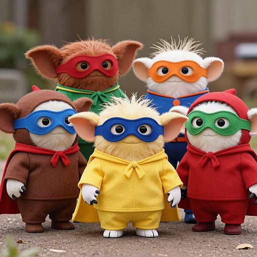 Photograph of five fuzzy, cartoon-like hamster dolls dressed as superheroes in colorful costumes and masks, standing outdoors on a paved path.