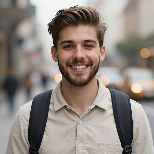 Photograph of a smiling young man with a light brown beard, brown hair, and a white button-up shirt, wearing a black backpack, standing on