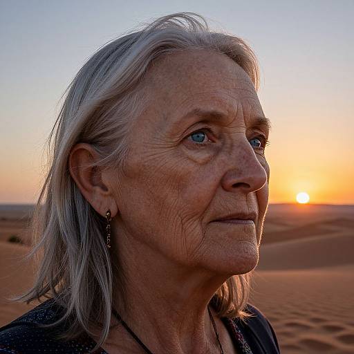Photograph of an elderly woman with silver hair, fair skin, and blue eyes, standing in a desert at sunset, wearing a black top and earrings