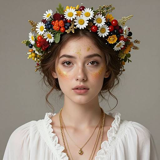 Photograph of a young woman with fair skin, brown wavy hair, wearing a white blouse and gold necklace, adorned with a colorful flower crown and