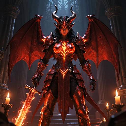 Digital art of a fierce, red-armor-clad demon warrior with horns, wings, glowing red chest plate, holding a fiery sword in a dim