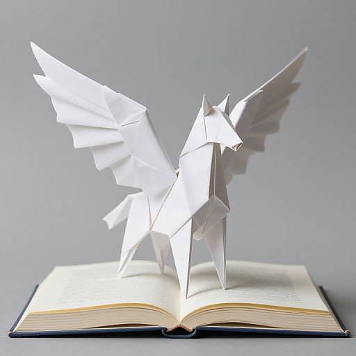 Photograph of a white paper origami angel with outstretched wings standing on an open book against a gray background.