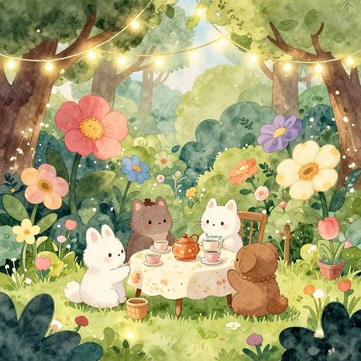 Whimsical digital illustration of three cute, cartoon-style stuffed animals (bear, bunny, teddy) having tea under a string of fairy lights in