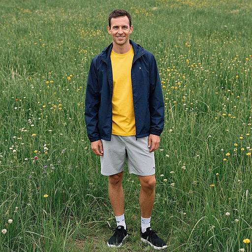 Photograph of a smiling man with short brown hair, wearing a yellow shirt, navy jacket, gray shorts, white socks, and black sneakers, standing