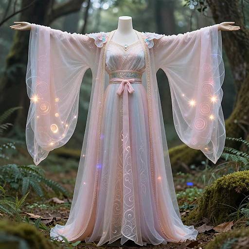 Photograph of a glowing, ethereal, pink and white medieval-style dress with wide sleeves, floral embroidery, and embedded lights, displayed in a mist
