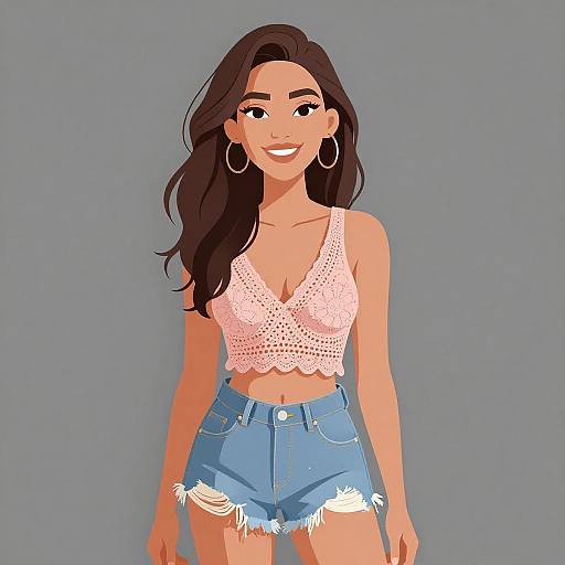 Digital illustration of a smiling woman with long dark hair, wearing a pink lace crop top and blue high-waisted denim shorts, against a gray background