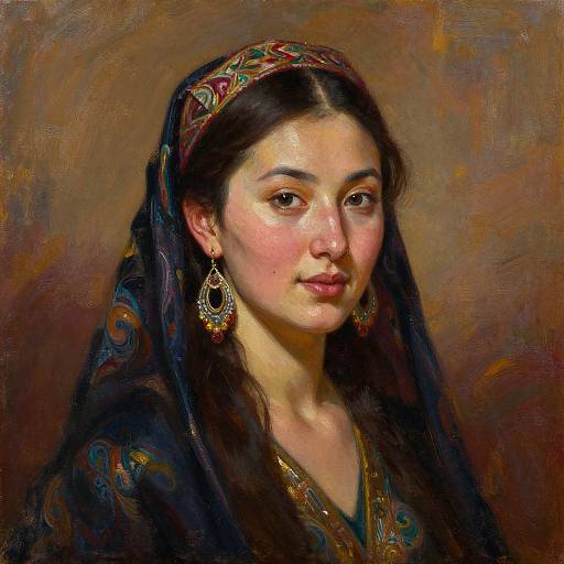 Photorealistic oil painting of a young woman with dark hair, wearing a colorful headscarf, ornate earrings, and traditional clothing, against a
