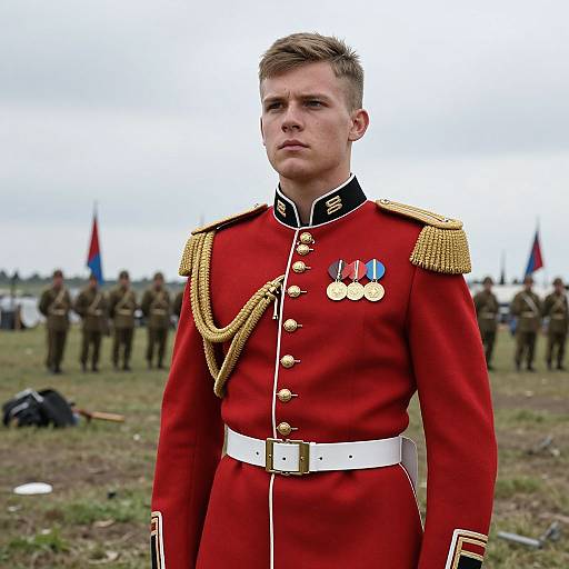 Photograph of a young, serious-looking Caucasian man in a red military uniform with gold epaulettes, white belt, and medals, standing in