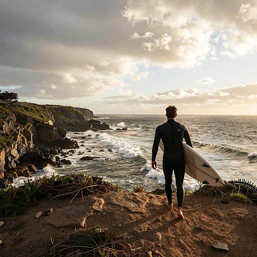 Surfer in black wetsuit with white surfboard stands on rocky cliff overlooking ocean at sunset, waves crashing against cliffs. Photograph.