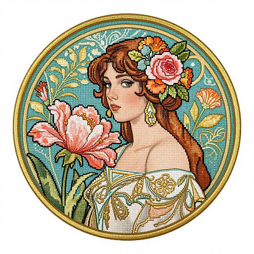 Colorful digital illustration of a fair-skinned woman with long red hair, adorned with flowers, wearing an off-shoulder, gold-embroid