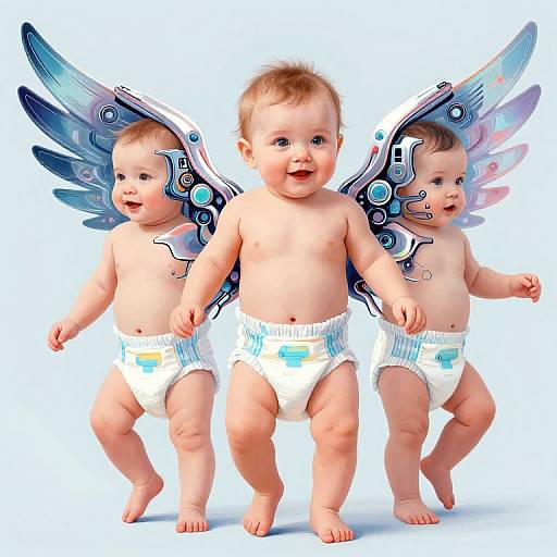 Photograph of three adorable, chubby, fair-skinned babies with blue, white, and pink mechanical wings, wearing white diapers, smiling, standing in