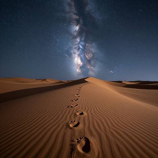 Photograph of a starry night sky over a desert with ripples in the sand, featuring a trail of footprints leading to a bright, glowing