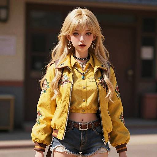 Photorealistic digital art: Blonde woman with long wavy hair, yellow embroidered jacket, denim shorts, choker, necklace, standing outdoors, daytime